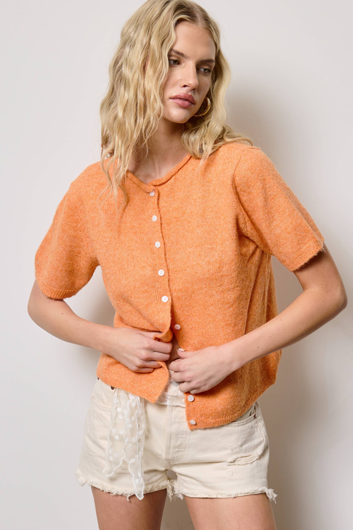 A New Arrival Short Sleeve Button Down Cardigan Top: Tangerine