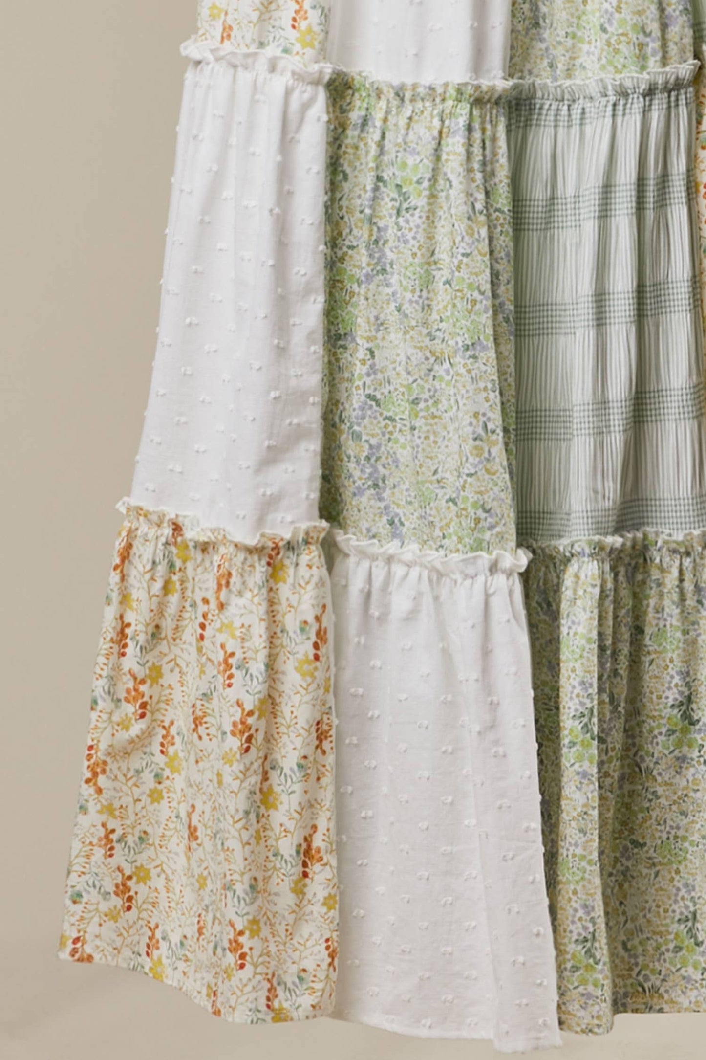 A New Arrival Patchwork Tie-Shoulder Tiered Maxi Dress: Ivory Multi