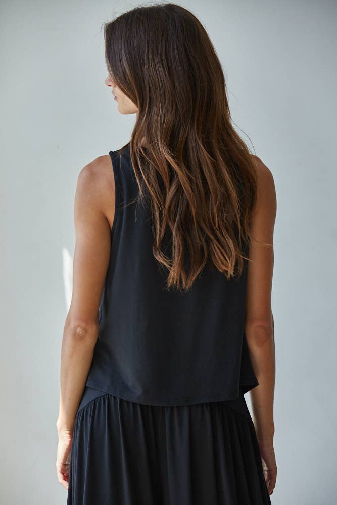 A New Arrival Knit Polyester Spandex Sleeveless Cowl Neck Top: Black