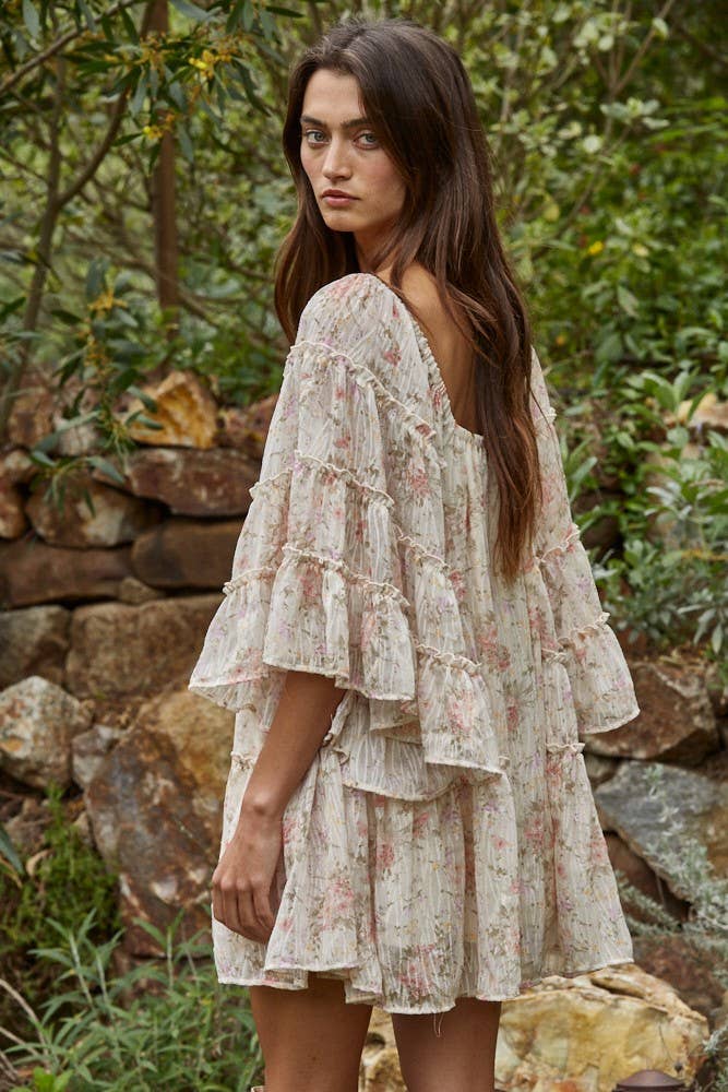 A New Arrival Woven Polyester Chiffon Floral Flare Mini Dress: Cream Multi