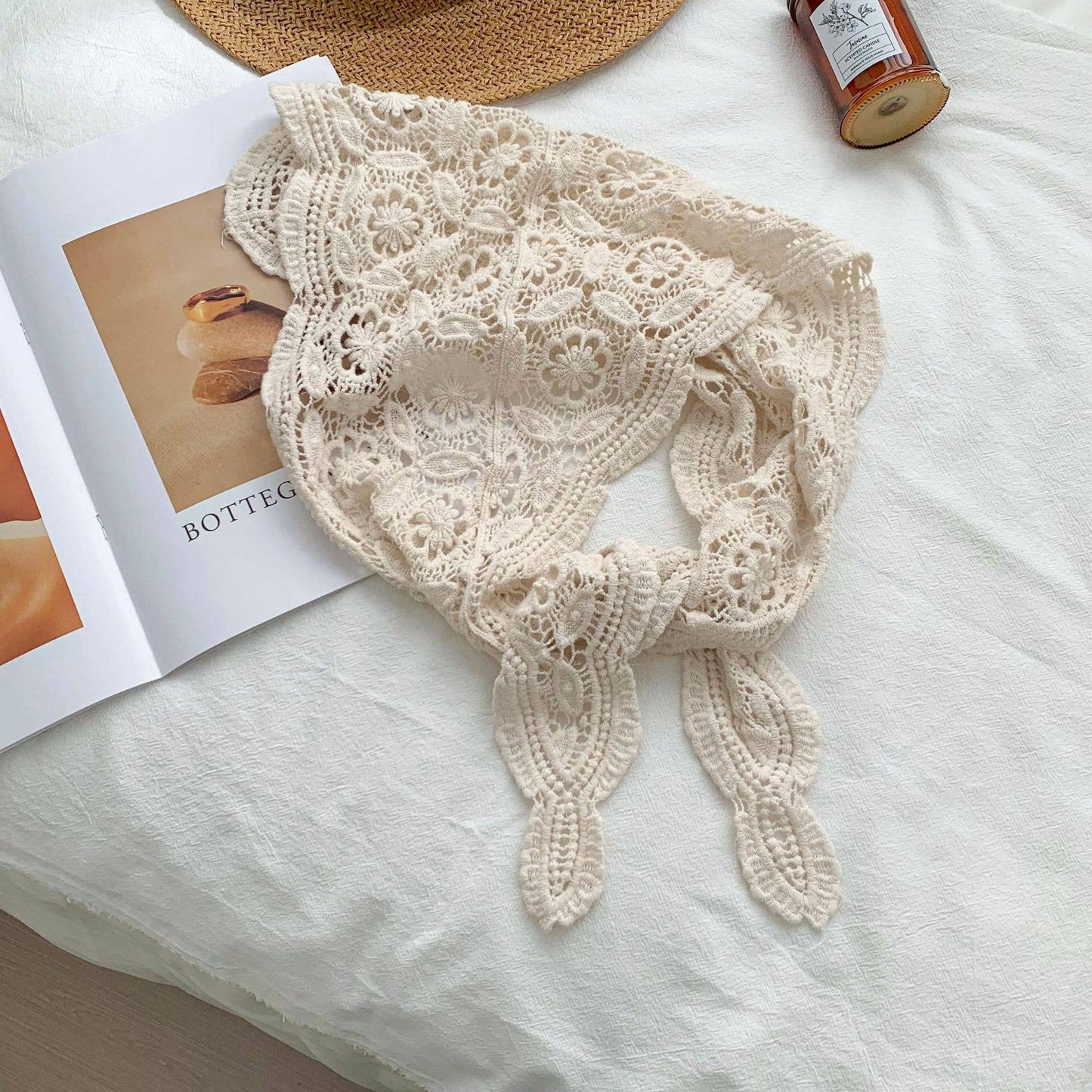 Cut Out Lace Crocheted Triangular Scarf: Apricot-1 / M