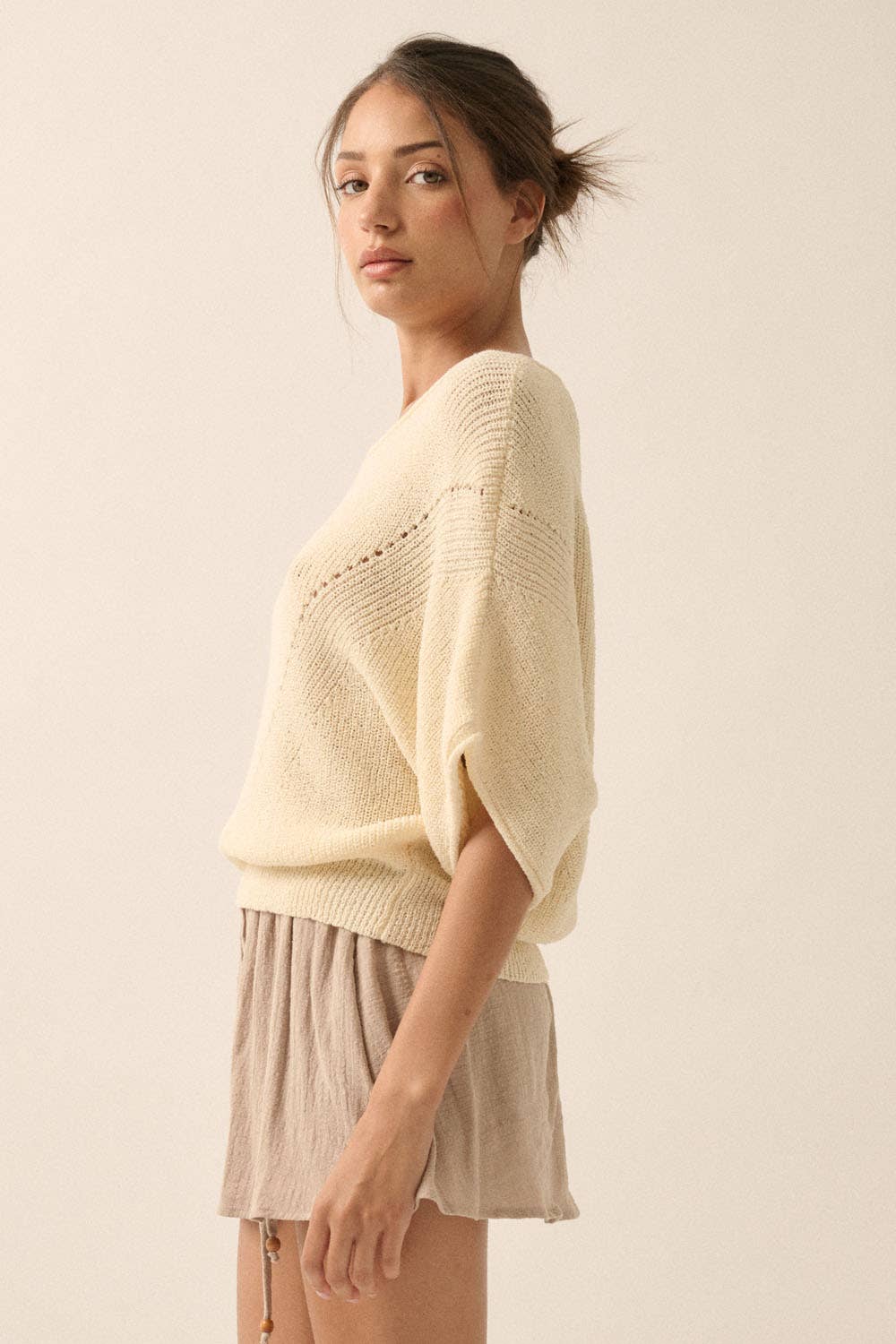 Short-Sleeve Pointelle Ribbed Knit Sweater: Espresso