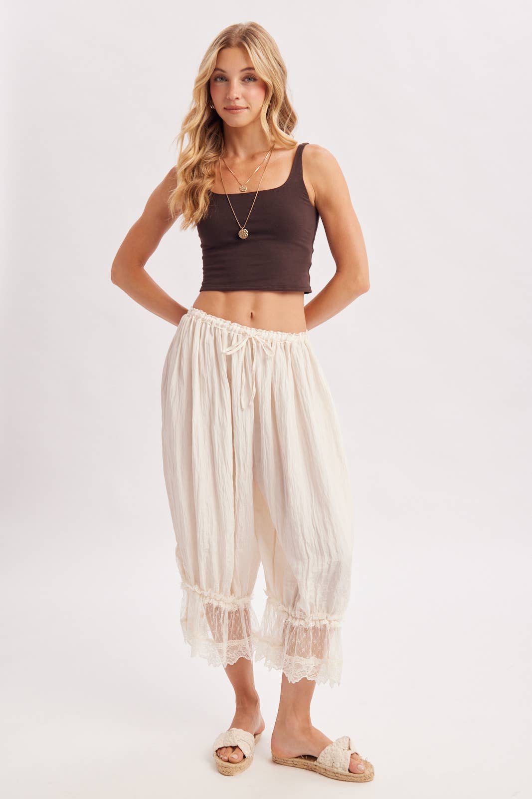 A New Arrival LACE TRIMMED MIDI BLOOMER PANTS: IVORY