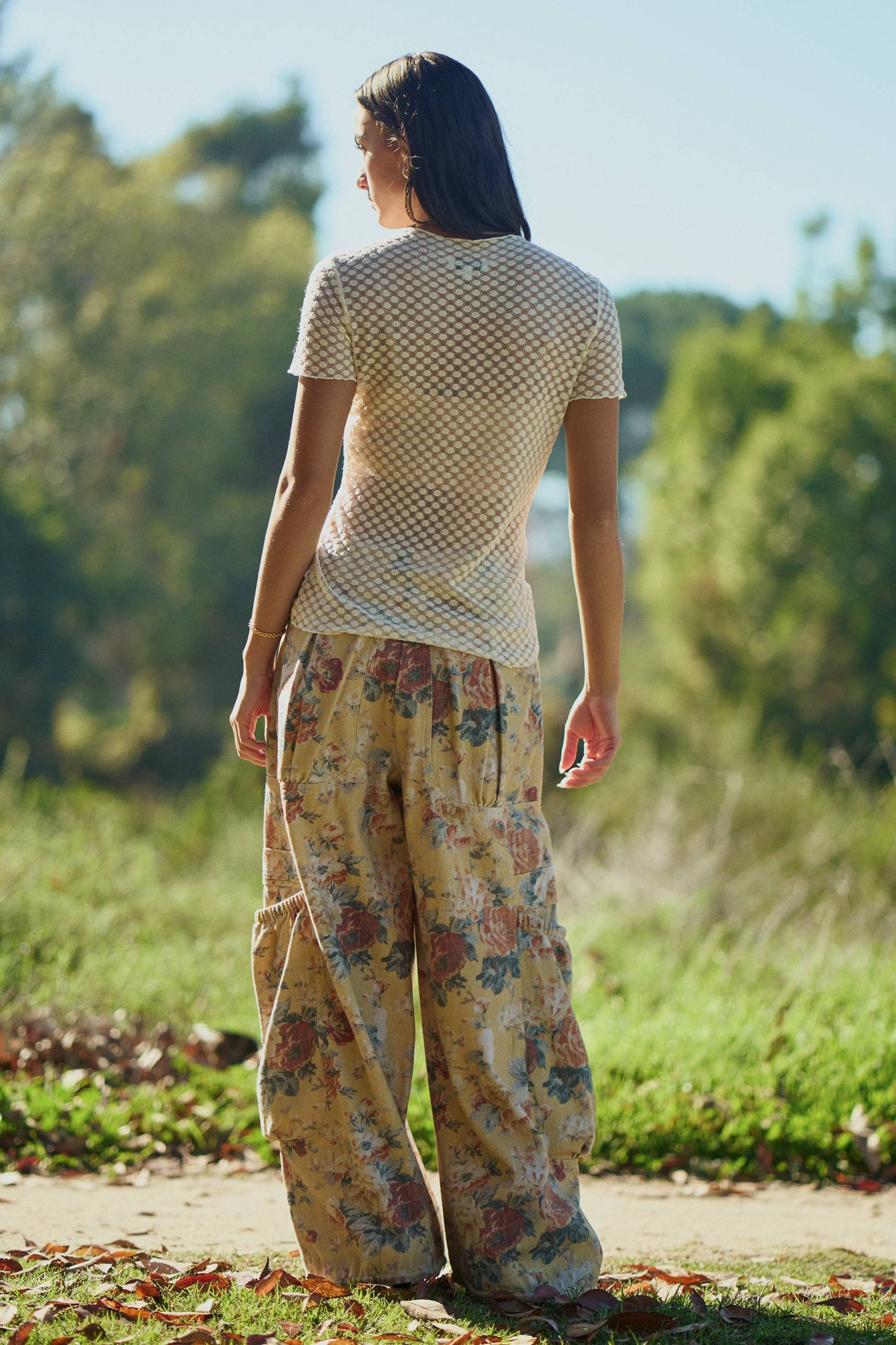 A New Arrival FLOWER PRINTED DENIM WAIST DROPPED POCKETS PANT: Yellow