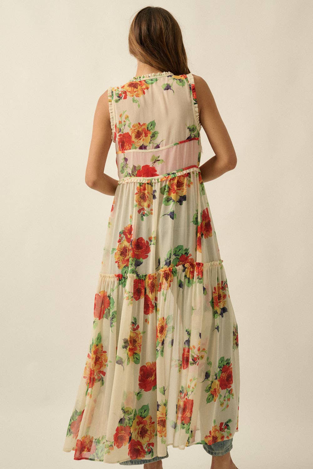 A New Arrival Floral-Print Chiffon Ruffled Sleeveless Tie-Front Maxi Top: Cream