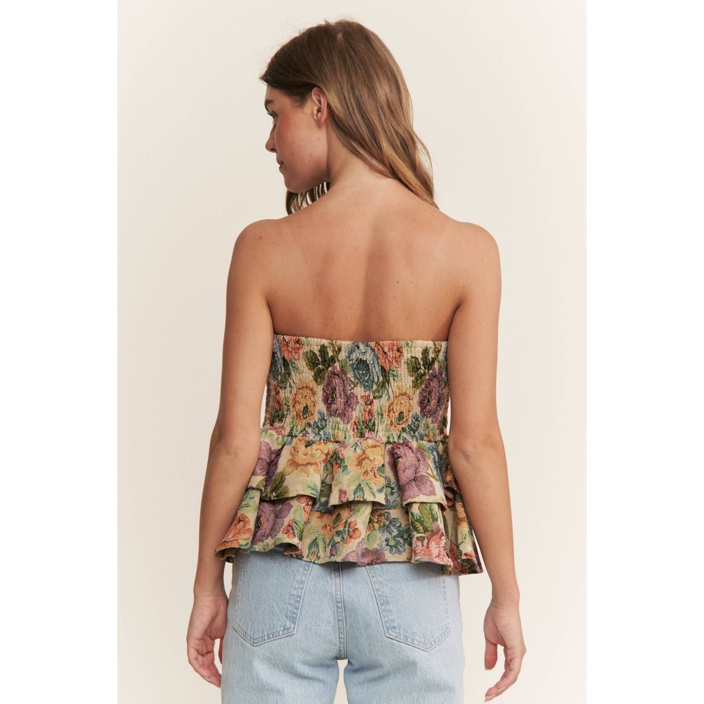 A New Arrival VINTAGE FLORAL PRINT WOVEN PEPLUM TIERED TUBE TOP: Blossom