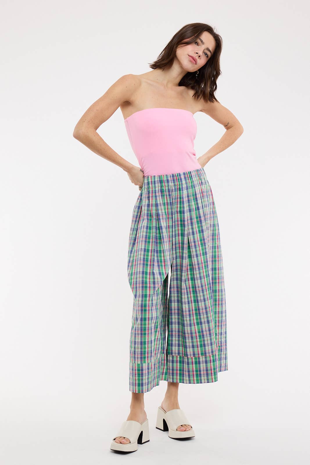 A New Arrival: PLAID WIDE LEG PANTS / GREEN COMBO
