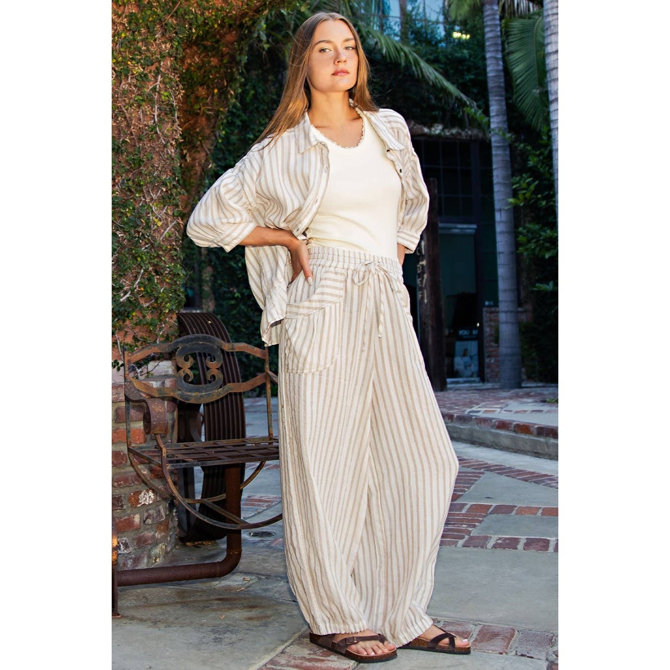 STRIPE SOFT WASH LINEN BLENDED PANTS: Taupe/Natural