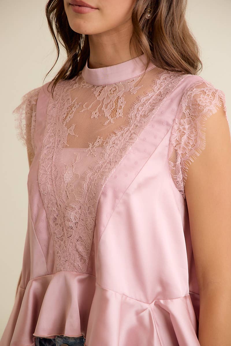 A New Arrival SATIN MOCK NECK LACE TRIM PEPLUM BLOUSE TOP: CREAM