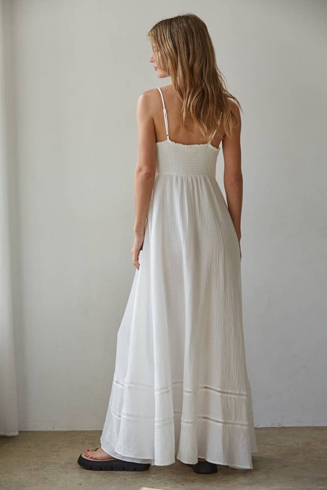 A New Arrival Woven Cotton Tube Neck Maxi Dress With Back Smocking: White