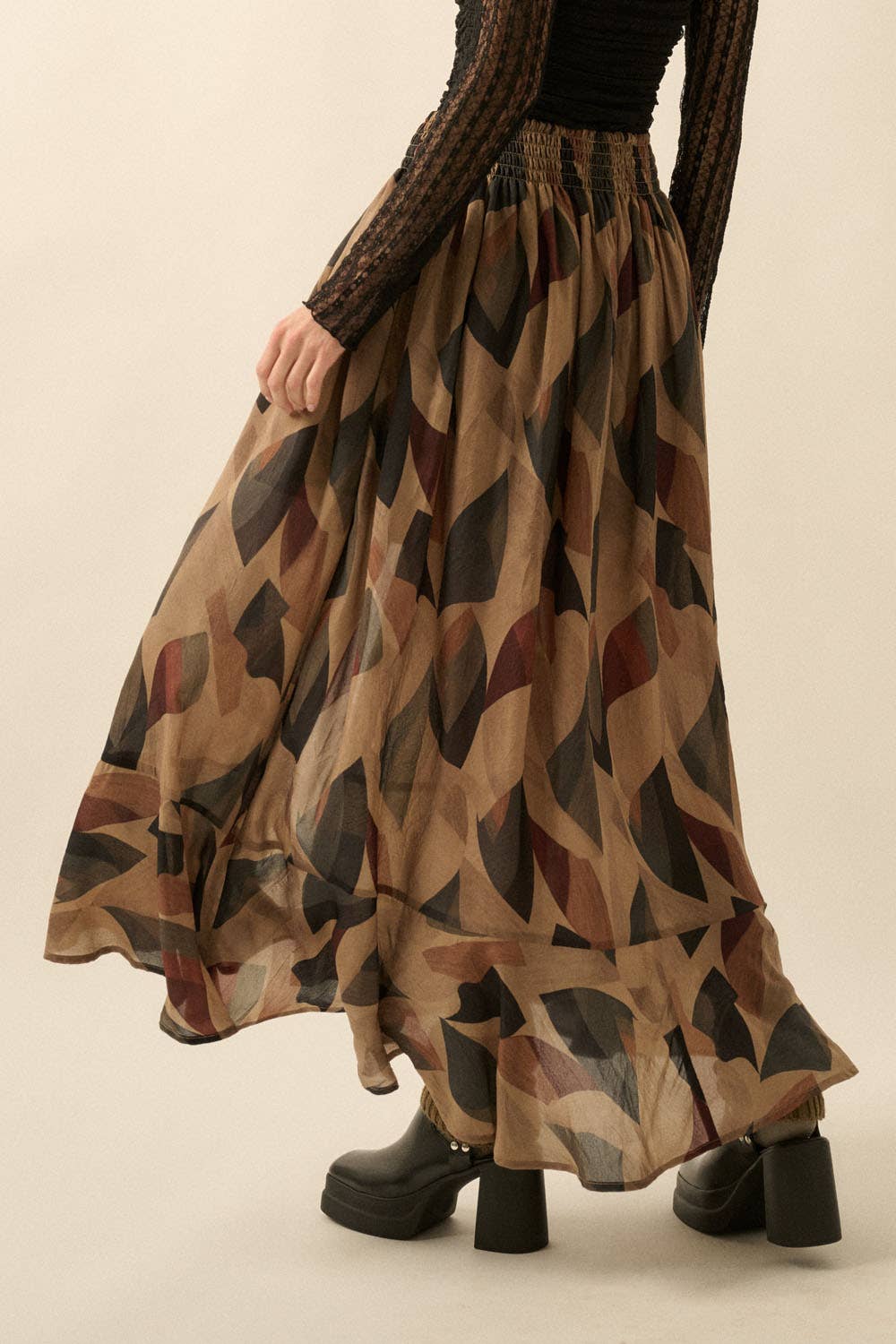 Abstract-Print Button-Front Drawstring Maxi Skirt