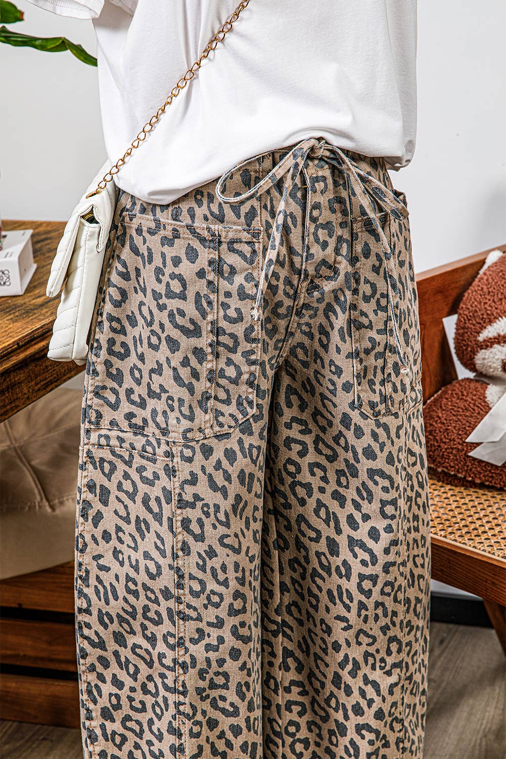 Leopard Drawstring Waist Pocketed Wide Leg Jeans