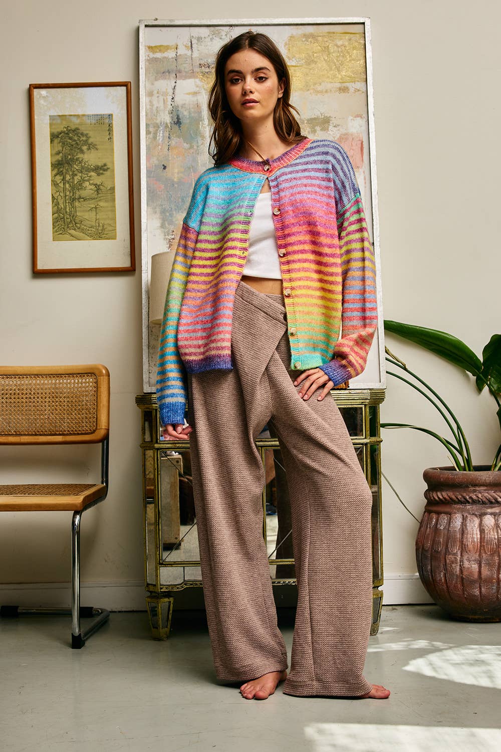 A New Arrival Space-Dye Striped Button-Down Cardigan: RAINBOW