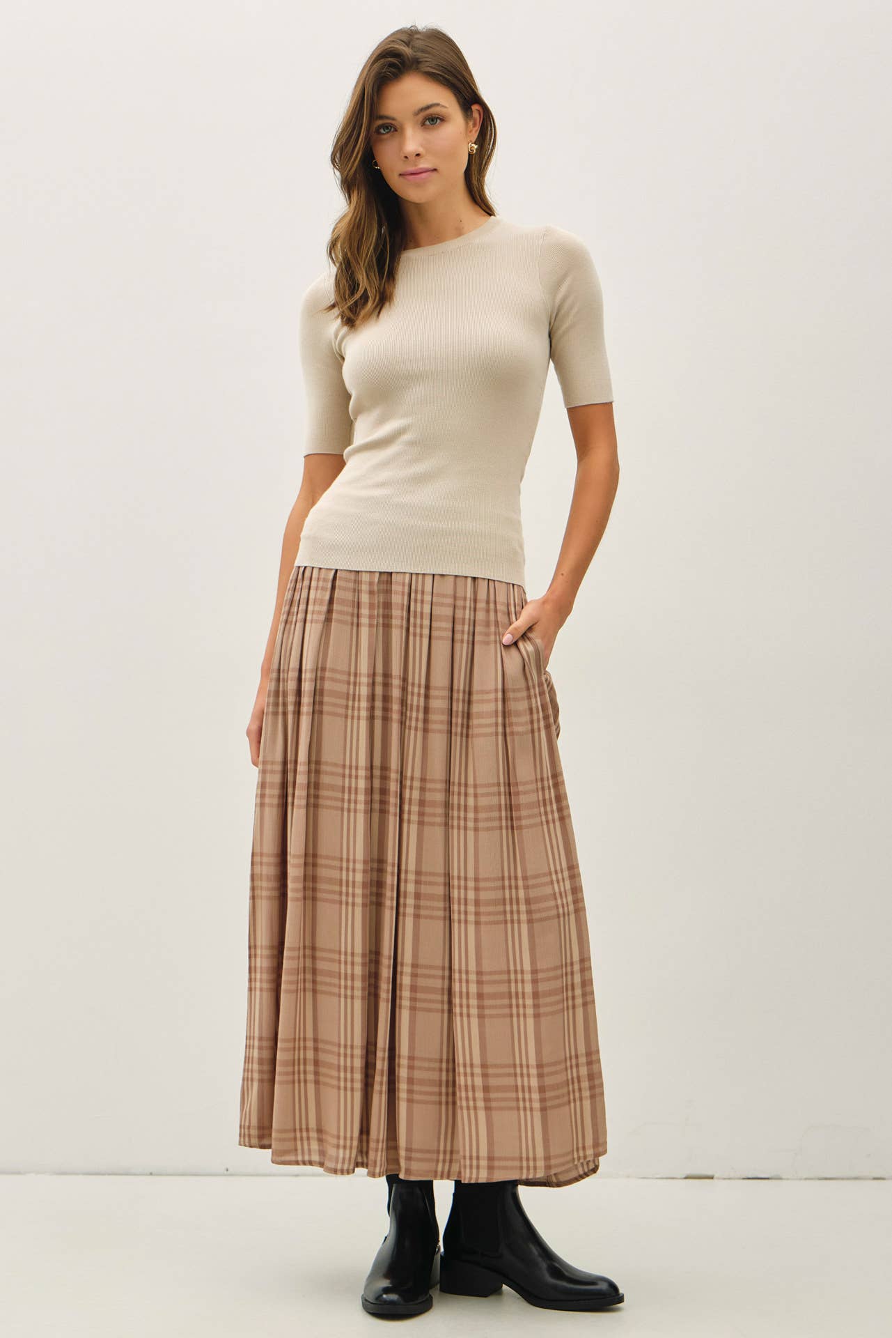 PLAID PRINTED PLEATS MIDI SKIRT : SPRUCE