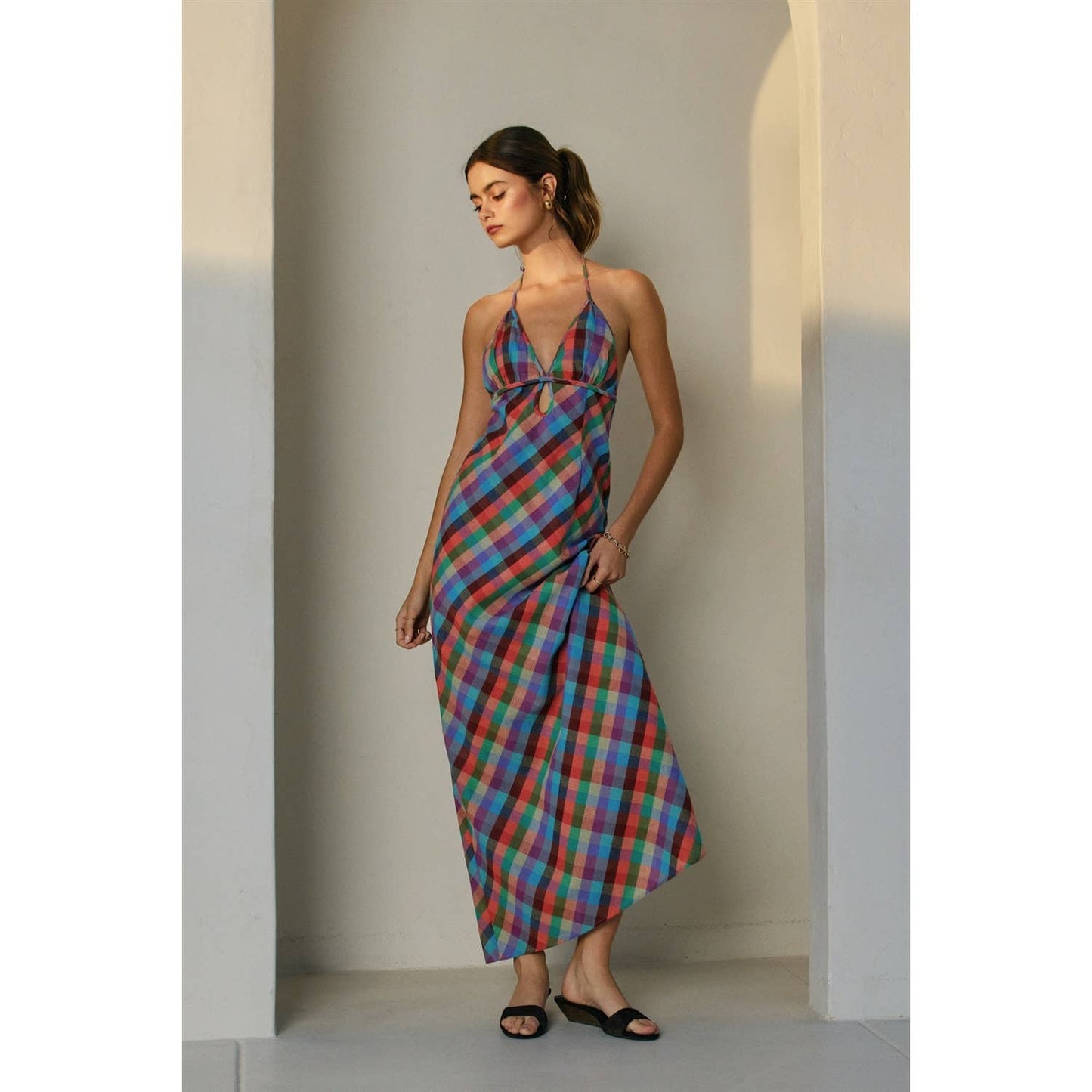 A New Arrival Vibrant Vines Triangle Top Halter Maxi Dress: ROMANTIC PEONY