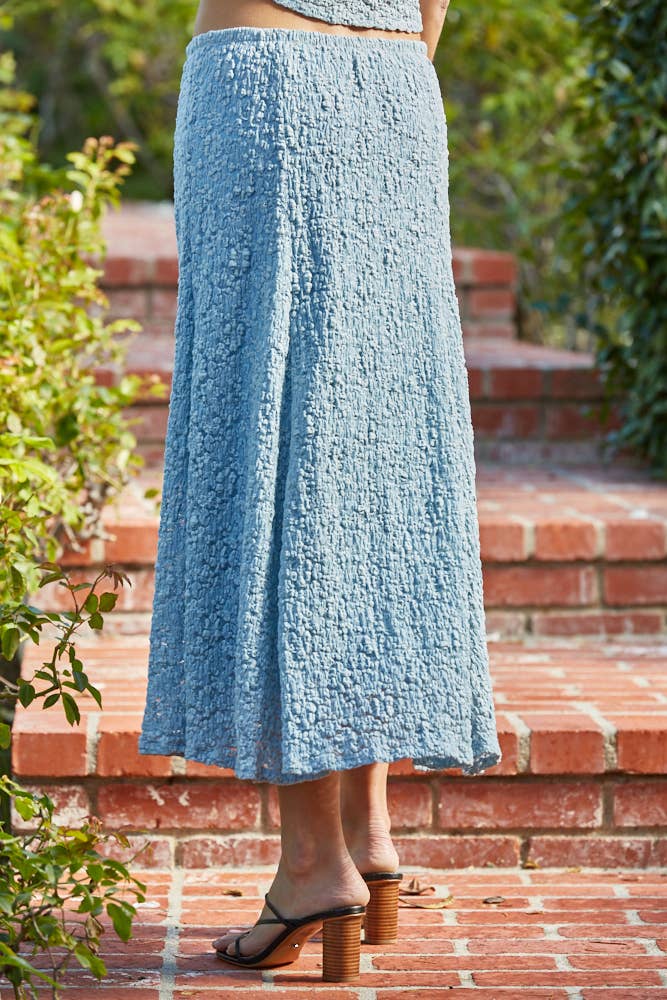 A New Arrival Knit Cotton Nylon Spandex Floral Lace Midi Skirt : Dusty Blue