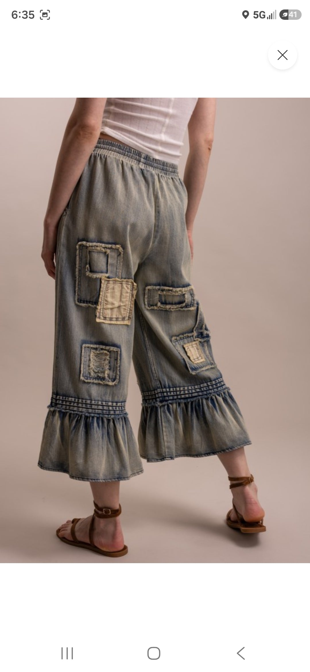 A New Arrival EMBROIDERY PATCHWORK RUFFLE HEM CROPPED PANTS