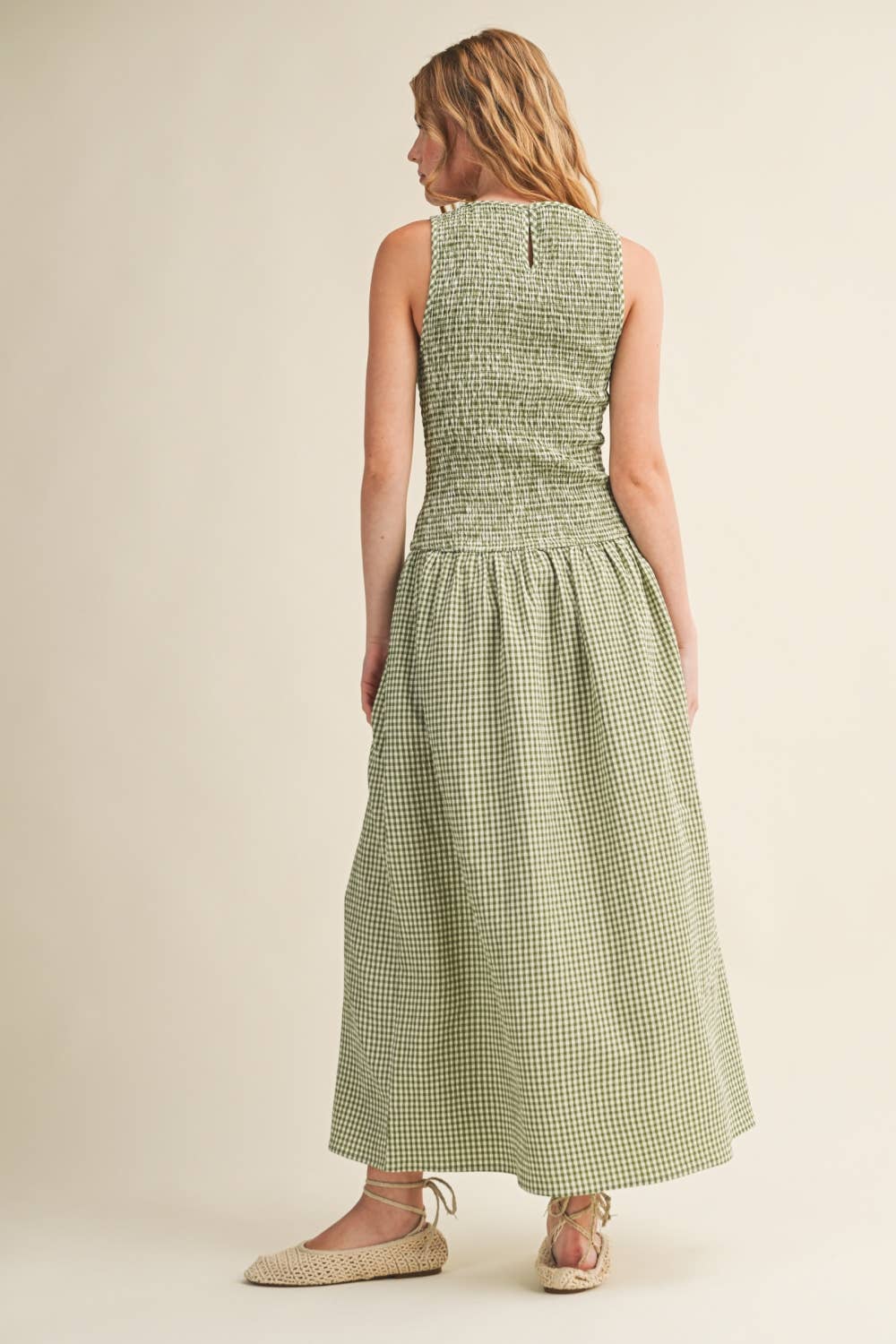 MINI GINGHAM PATTERN SLEEVELESS LONG DRESS: GREEN