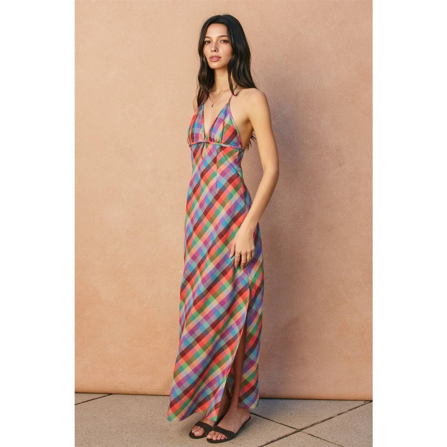 A New Arrival               Vibrant Vines Triangle Top Halter Maxi Dress: ROMANTIC PEONY