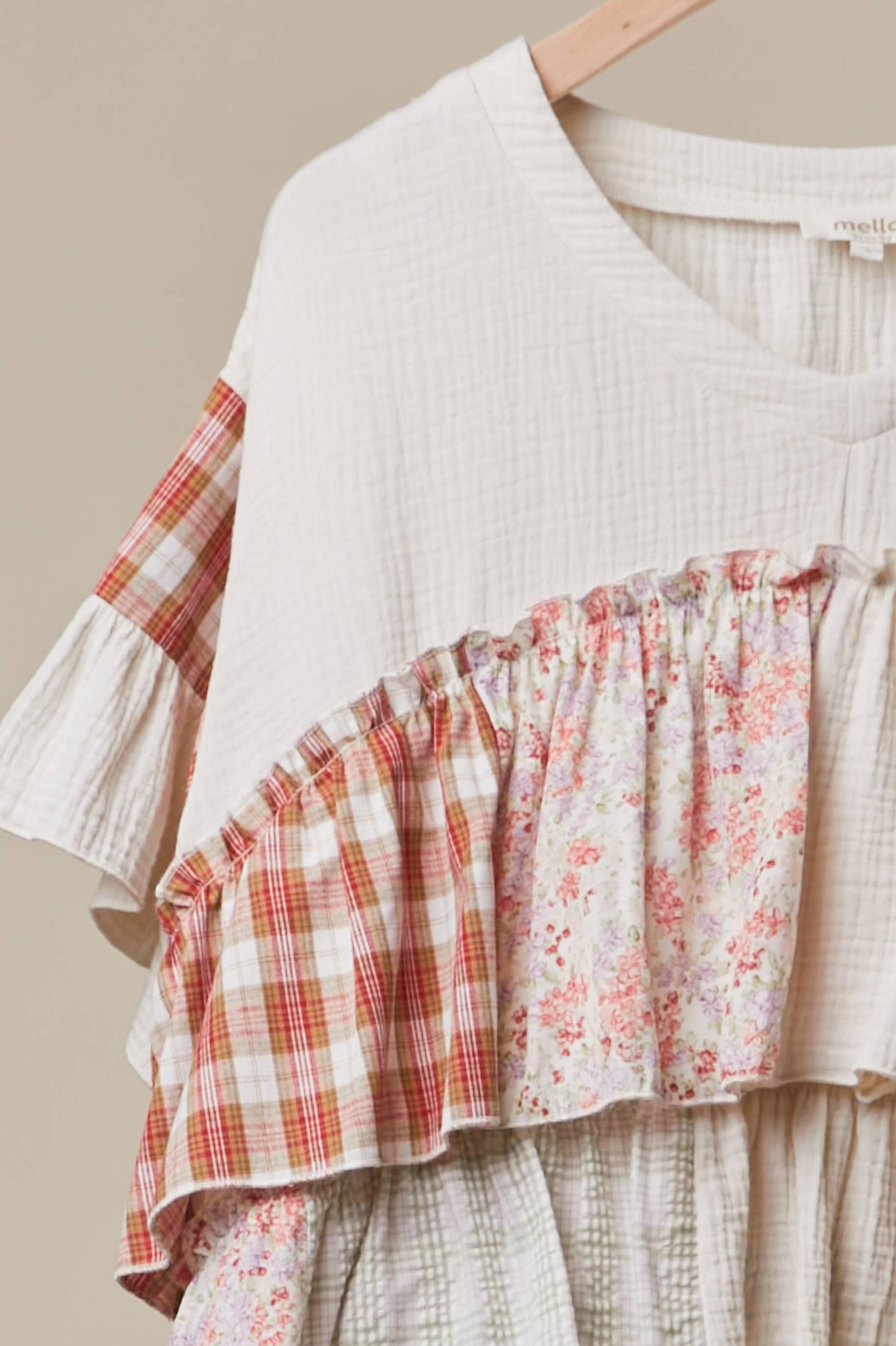 Vintage Patchwork Ruffle Hem Top: Ivory Multi