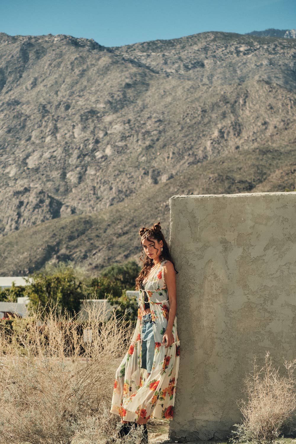 A New Arrival Floral-Print Chiffon Ruffled Sleeveless Tie-Front Maxi Top: Cream