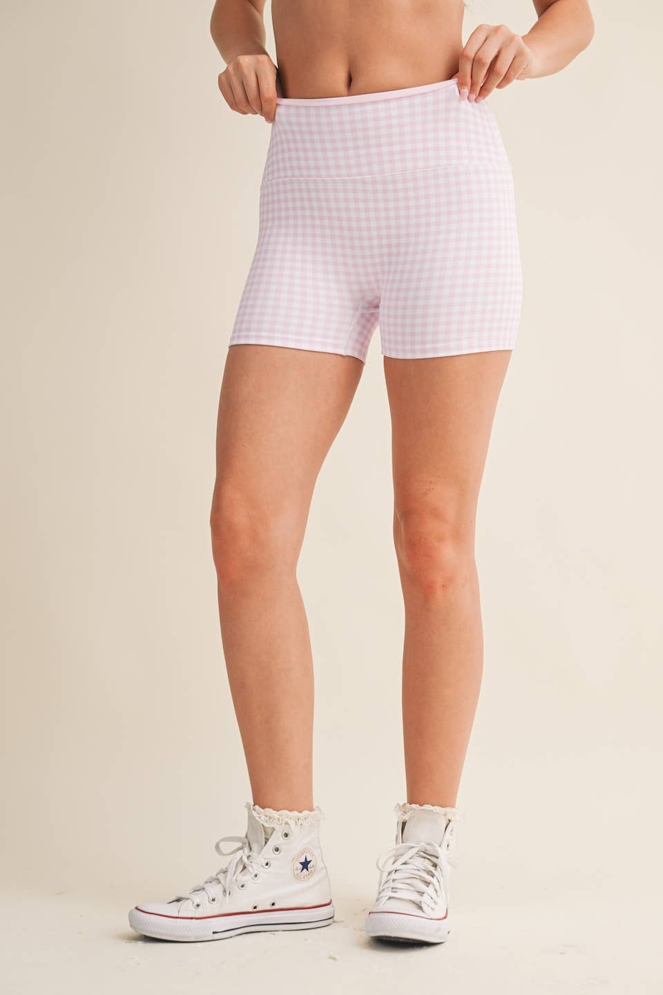 A New Arrival Gingham Print Contrast Binding Biker Shorts: Red Gingham