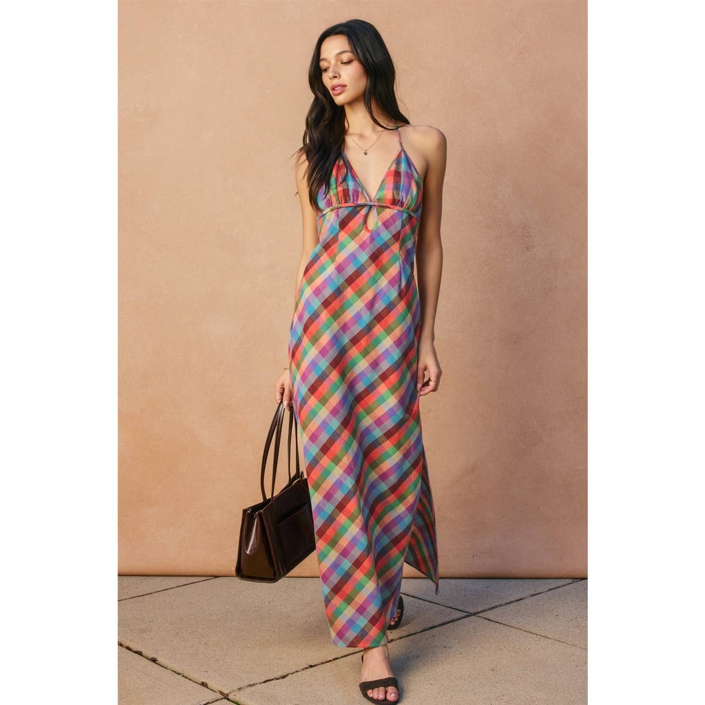 A New Arrival               Vibrant Vines Triangle Top Halter Maxi Dress: ROMANTIC PEONY