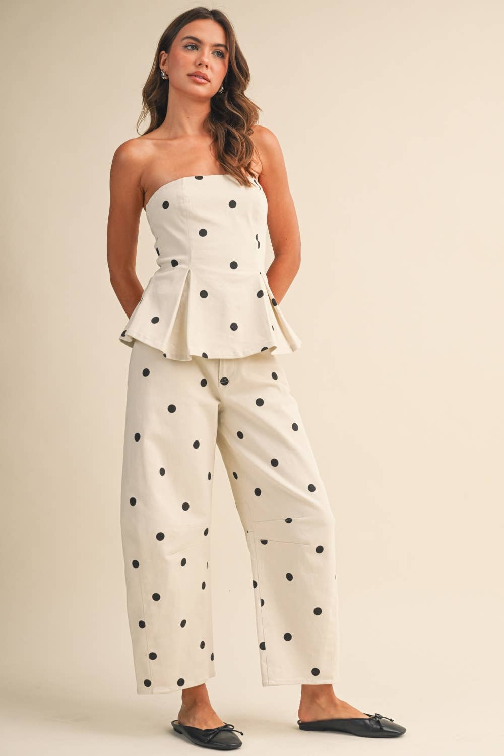 A New Arrival        POLKADOT STRAPLESS PEPLUM TOP AND BARREL PANTS SET: IVORY/BLACK
