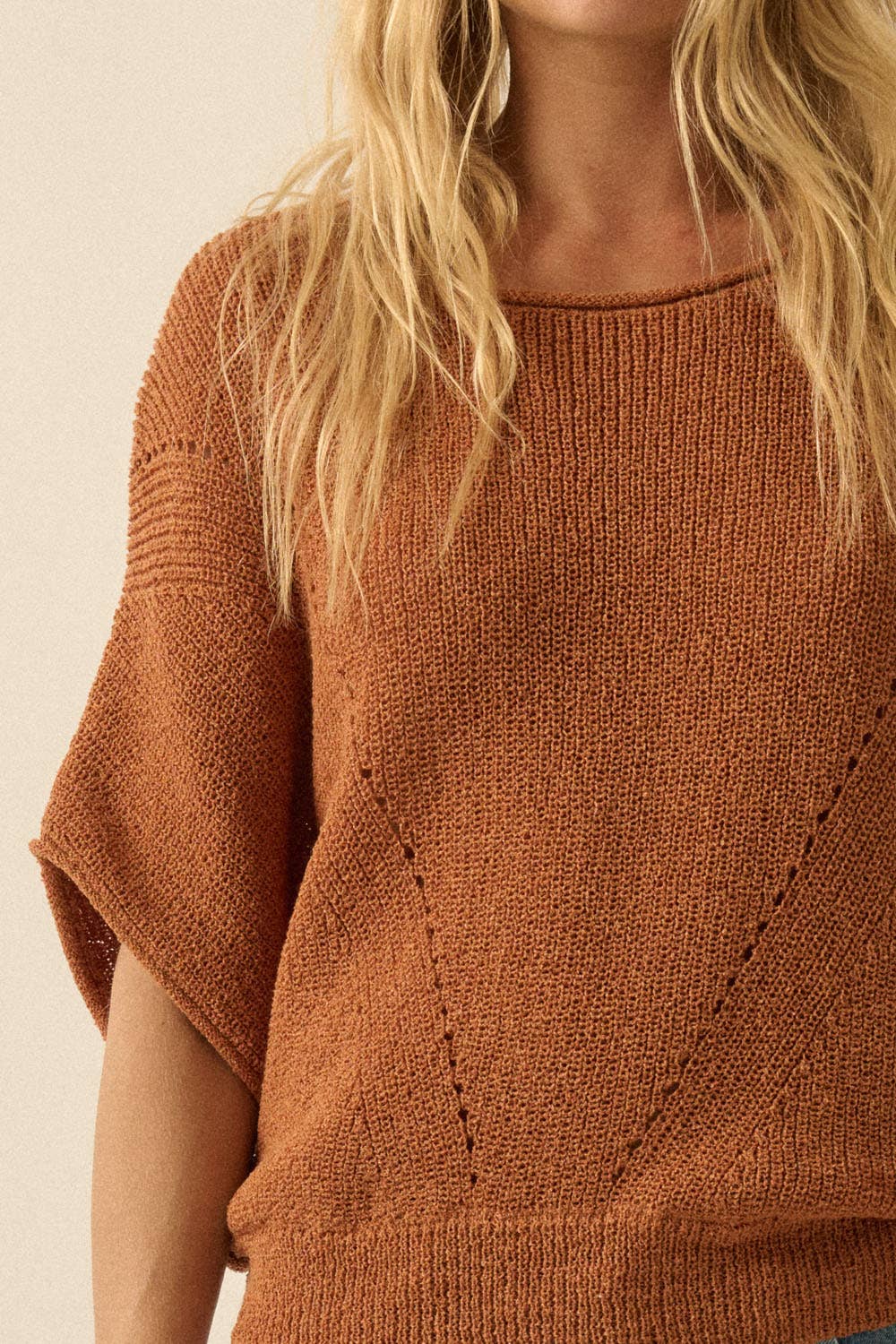Short-Sleeve Pointelle Ribbed Knit Sweater: Espresso