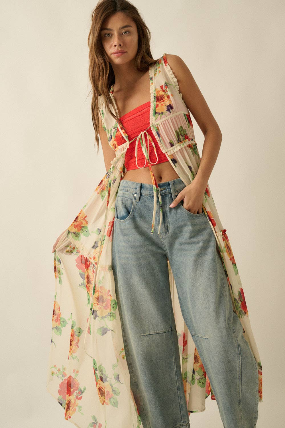 A New Arrival Floral-Print Chiffon Ruffled Sleeveless Tie-Front Maxi Top: Cream