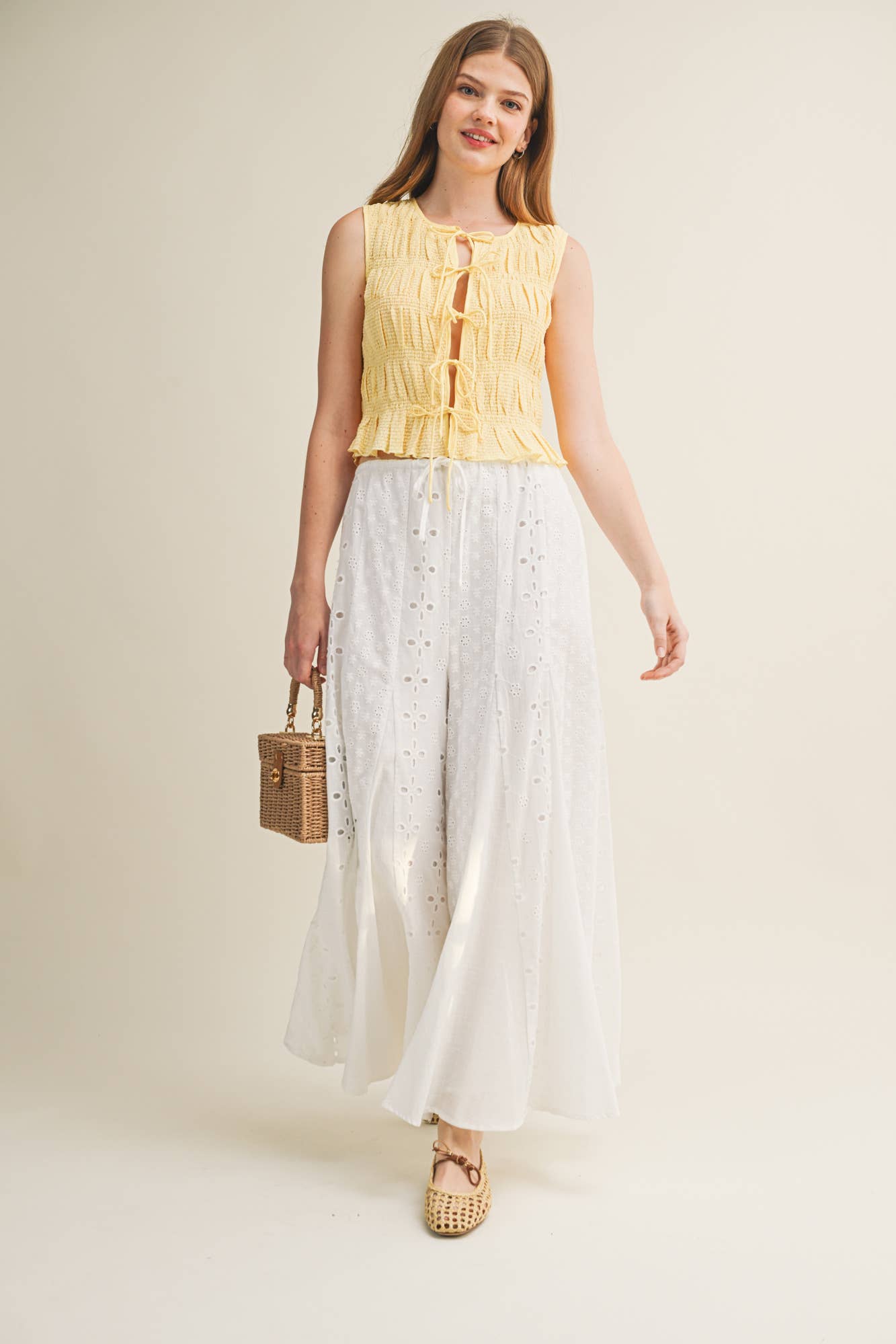 A New Arrival MIXED EYELET FLARE PANTS: White