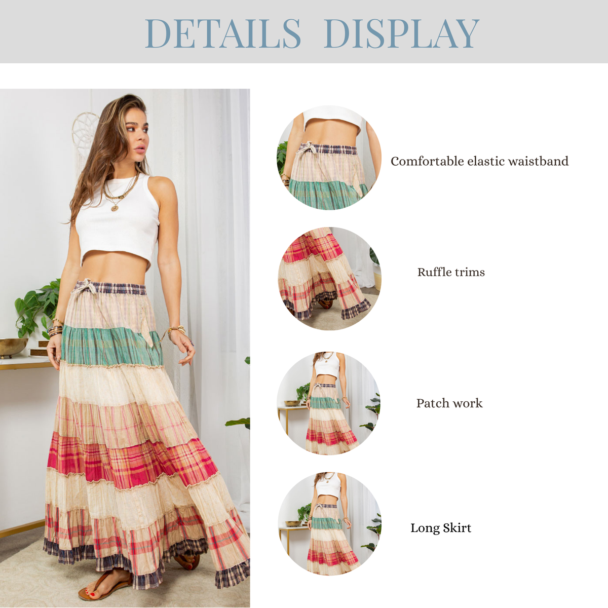 A New Arrival Vintage Vibes: Crinkled Tiered Skirt With Mixed Cotton Dobby: Latte