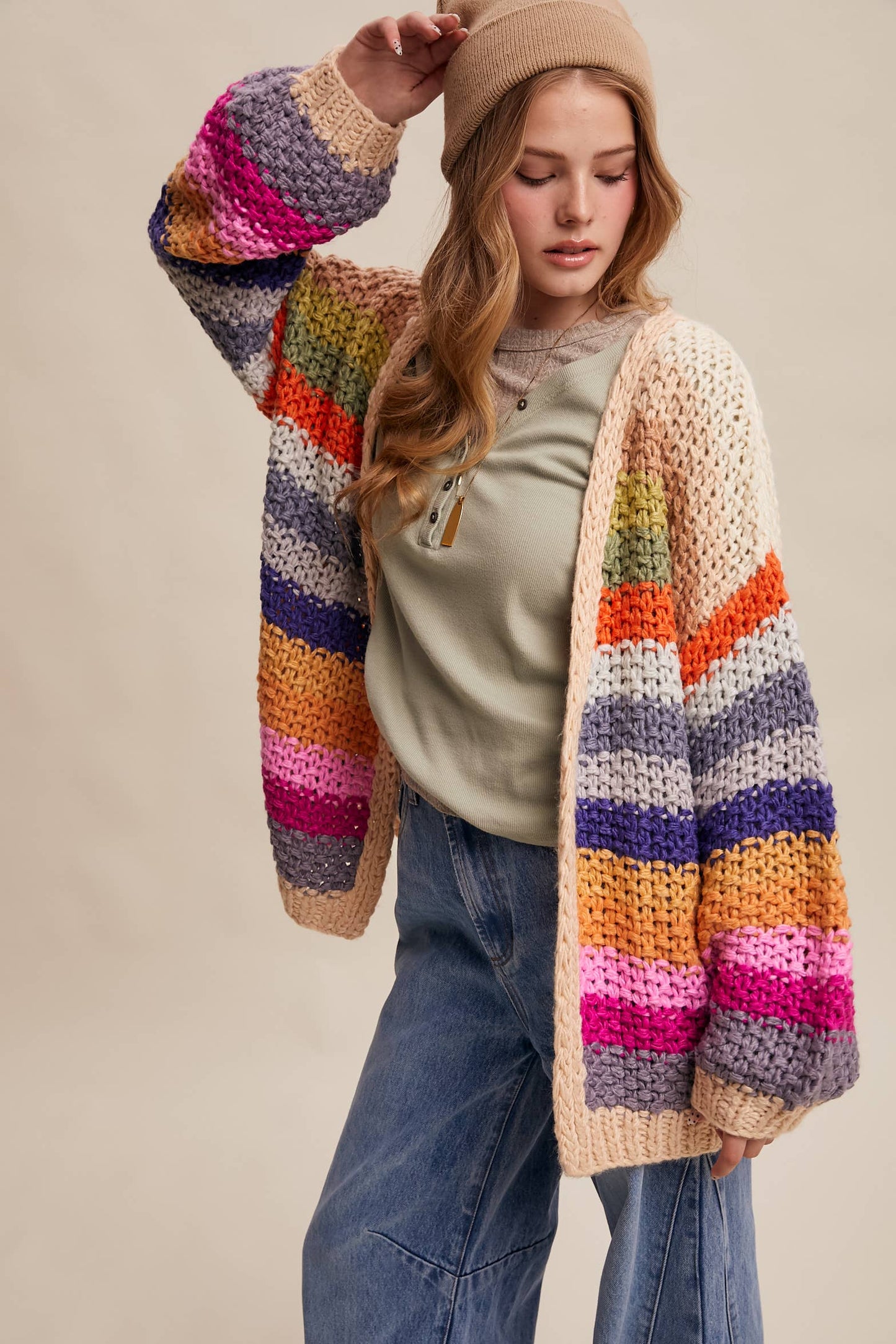 Rainbow Hand-Crochet Open Cardigan: Cream Multi