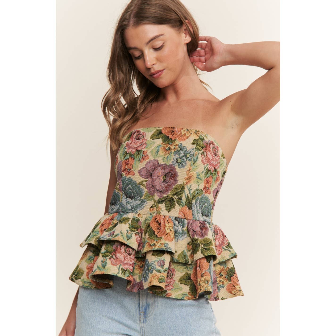 A New Arrival VINTAGE FLORAL PRINT WOVEN PEPLUM TIERED TUBE TOP: Blossom