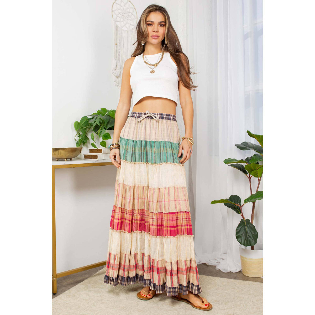 A New Arrival Vintage Vibes: Crinkled Tiered Skirt With Mixed Cotton Dobby: Latte