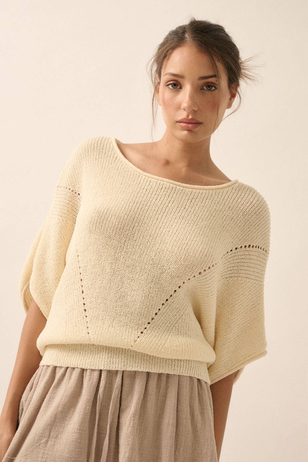 Short-Sleeve Pointelle Ribbed Knit Sweater: Espresso