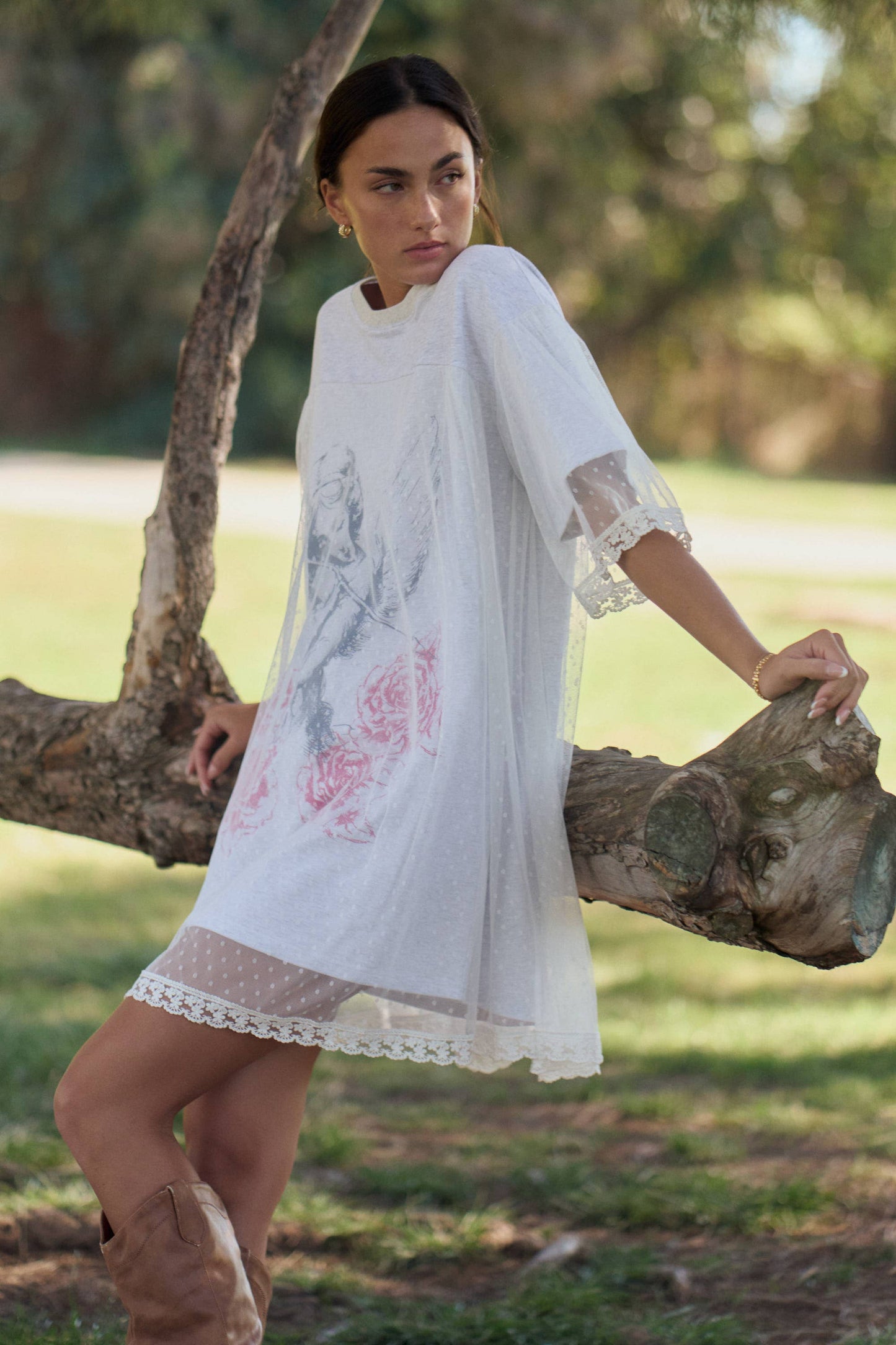 A New Arrival               ANGEL PRINTED TERRY DOTTED MESH LAYERED DRESS: Heather Grey