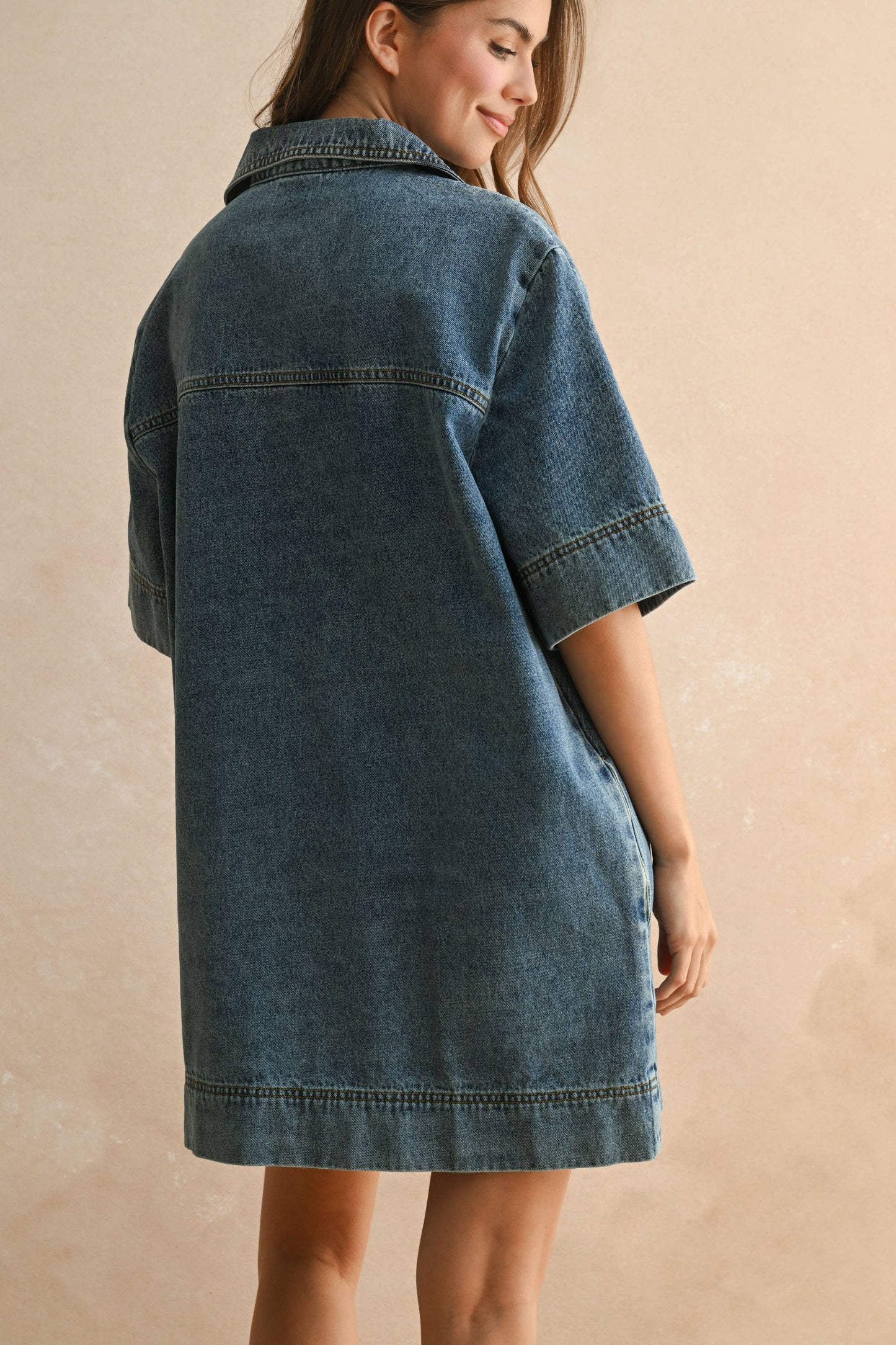 V-NECK DENIM TUNIC DRESS: DENIM