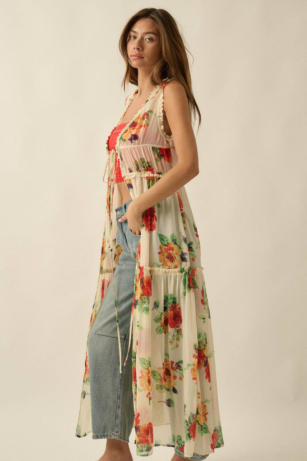 A New Arrival Floral-Print Chiffon Ruffled Sleeveless Tie-Front Maxi Top: Cream