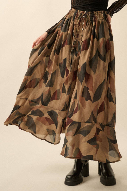 Abstract-Print Button-Front Drawstring Maxi Skirt
