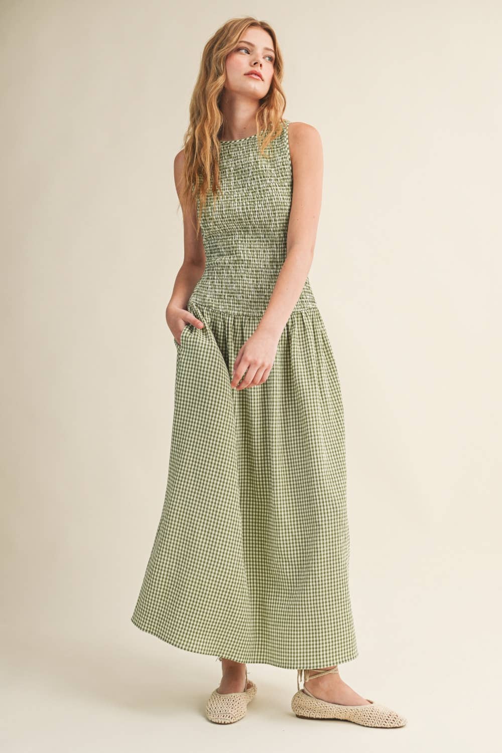 MINI GINGHAM PATTERN SLEEVELESS LONG DRESS: GREEN