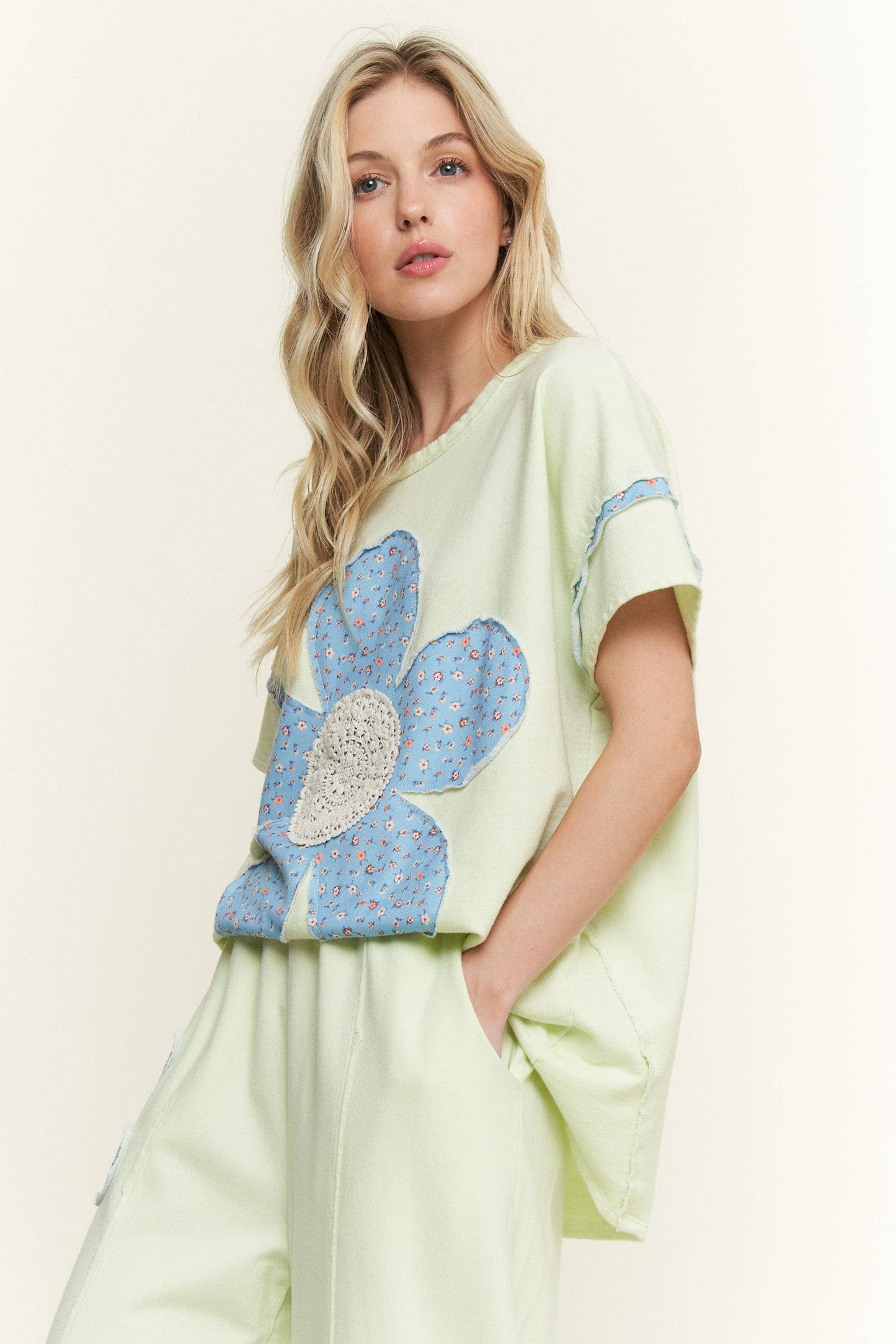 Cotton French Terry Flower Doily Patched top: SoftLime