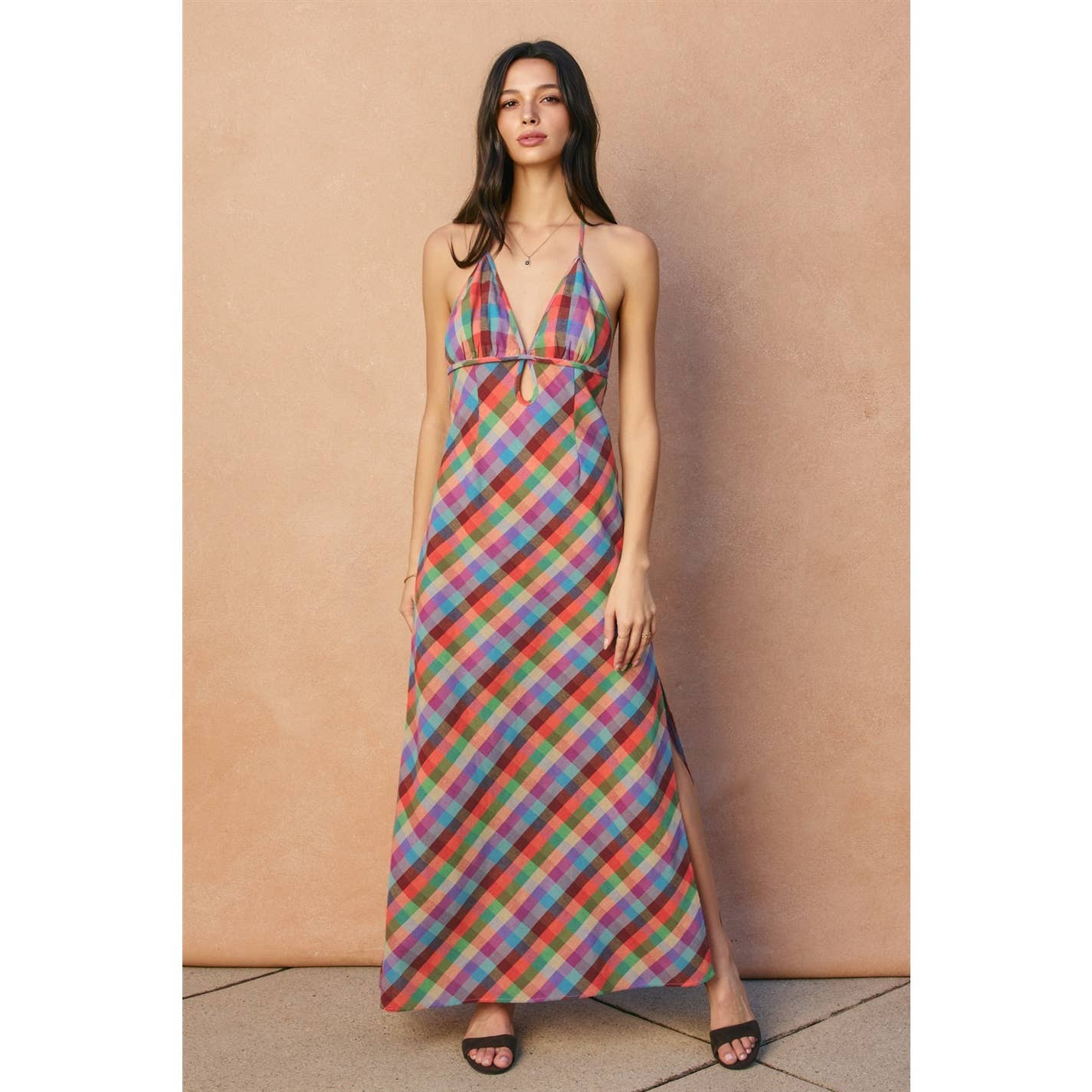 A New Arrival               Vibrant Vines Triangle Top Halter Maxi Dress: ROMANTIC PEONY