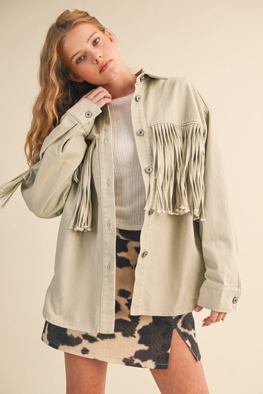 A New Arrival              FRINGE COLOR DENIM BUTTON DOWN JACKET: SAND