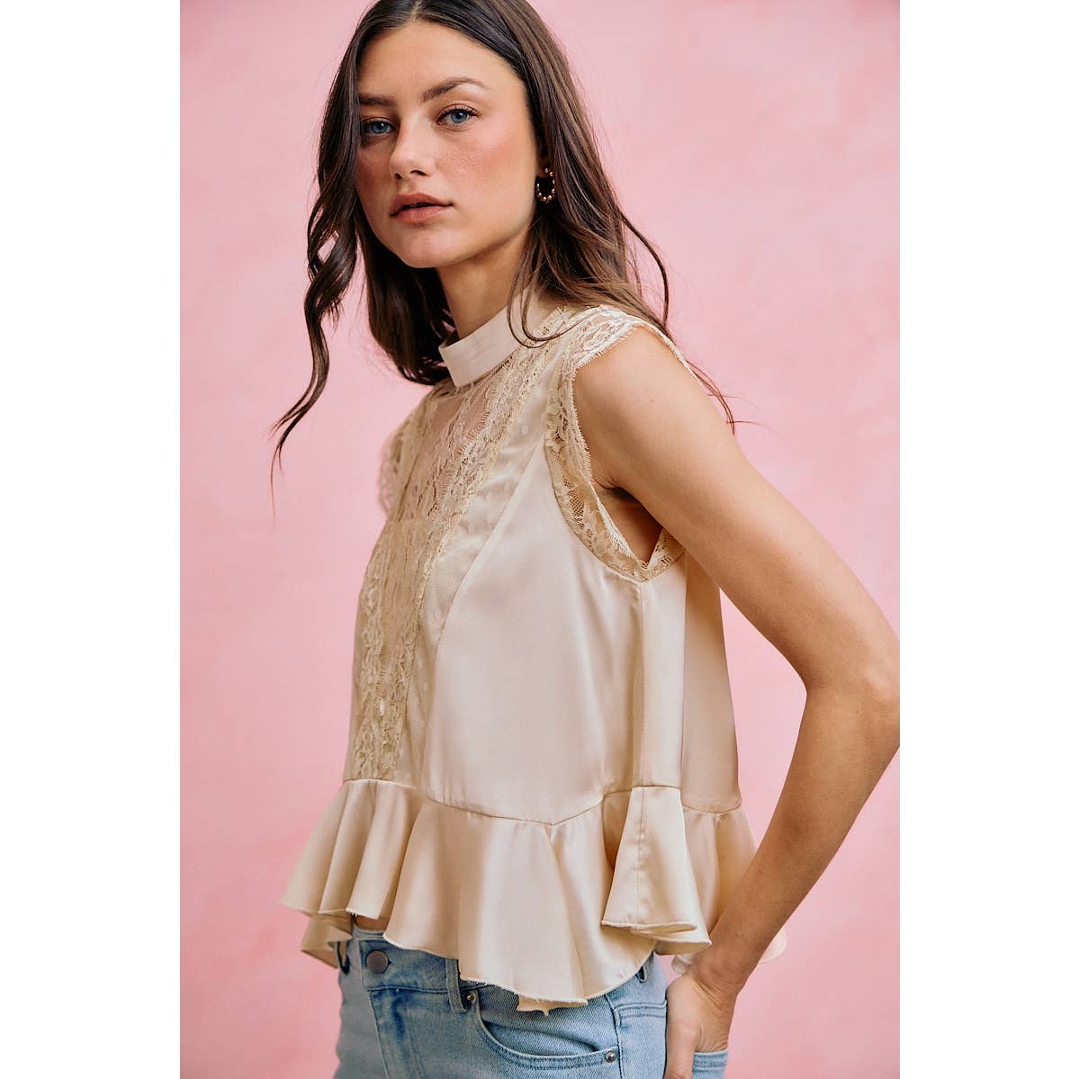 A New Arrival SATIN MOCK NECK LACE TRIM PEPLUM BLOUSE TOP: CREAM