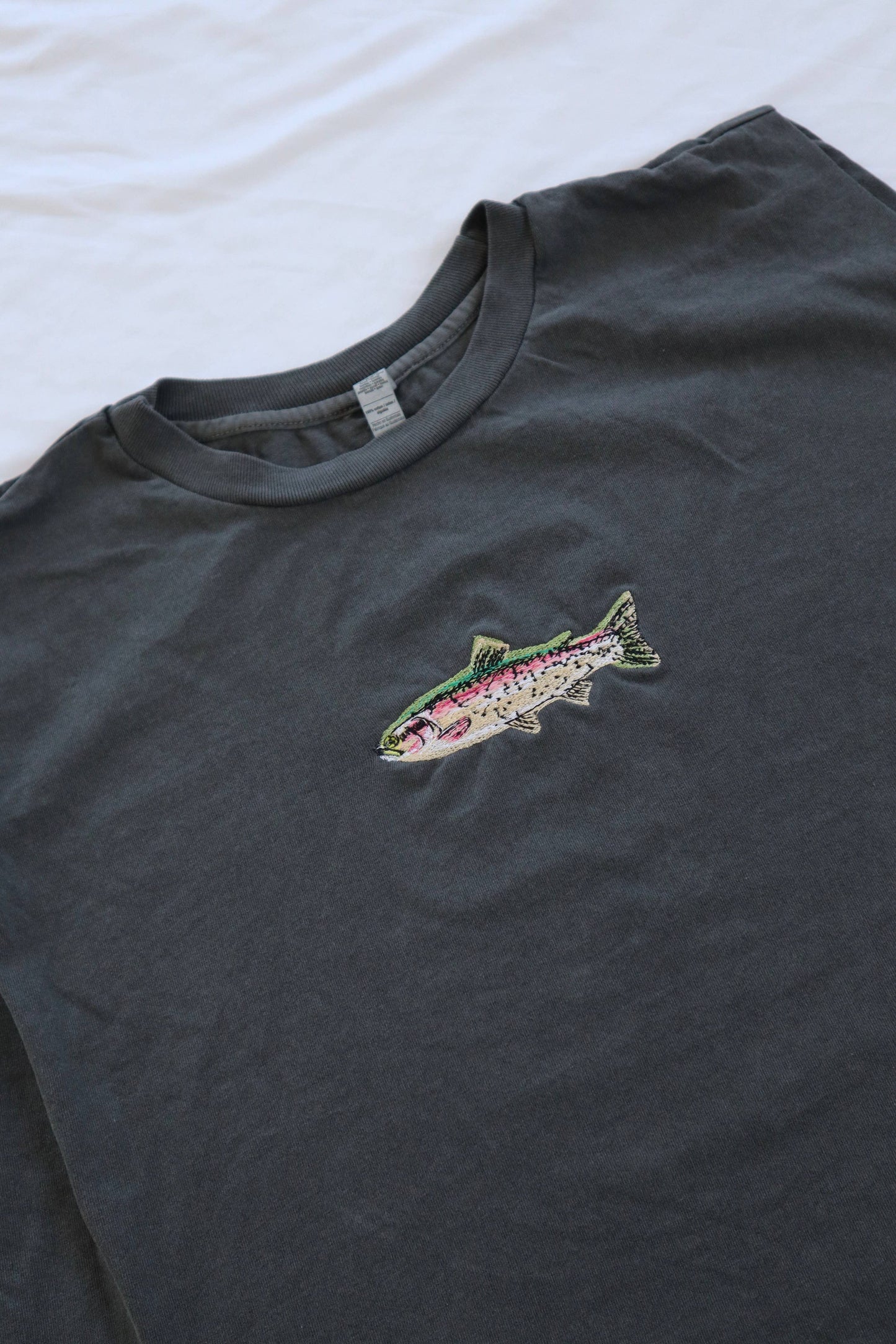 A New Arrival Embroidered Trout Fish Cropped Muscle Tee, Tank Top, Crop Fit, Unisex, Adult: FADED BLACK CROPPED-CREWNECK-TANK-TOP