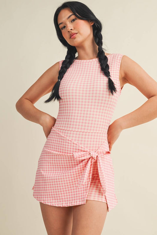 A New Arrival Gingham Print Sleeveless Wrap Tie Front Dress : Pink Gingham