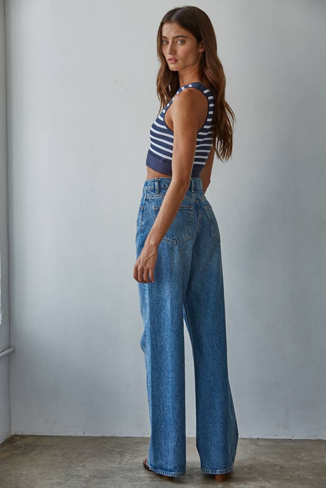A New Arrival Knit Seamless Ribbed Striped Racerback Brami: Navy White