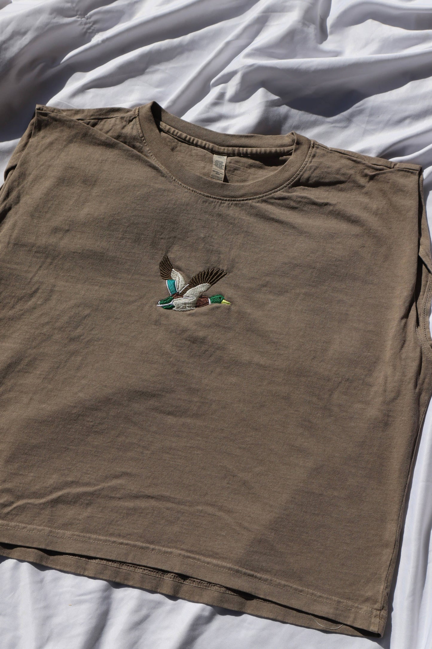 A New Arrival Embroidered Mallard Duck Cropped Muscle Tee, Tank Top, Crop Fit, Unisex, Adult: FADED BROWN