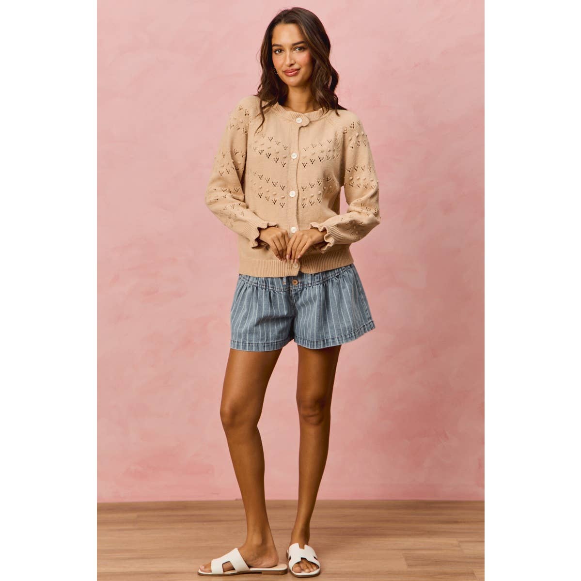 A New Arrival STRIPE FLARED PINTUCK DETAIL DENIM SHORTS